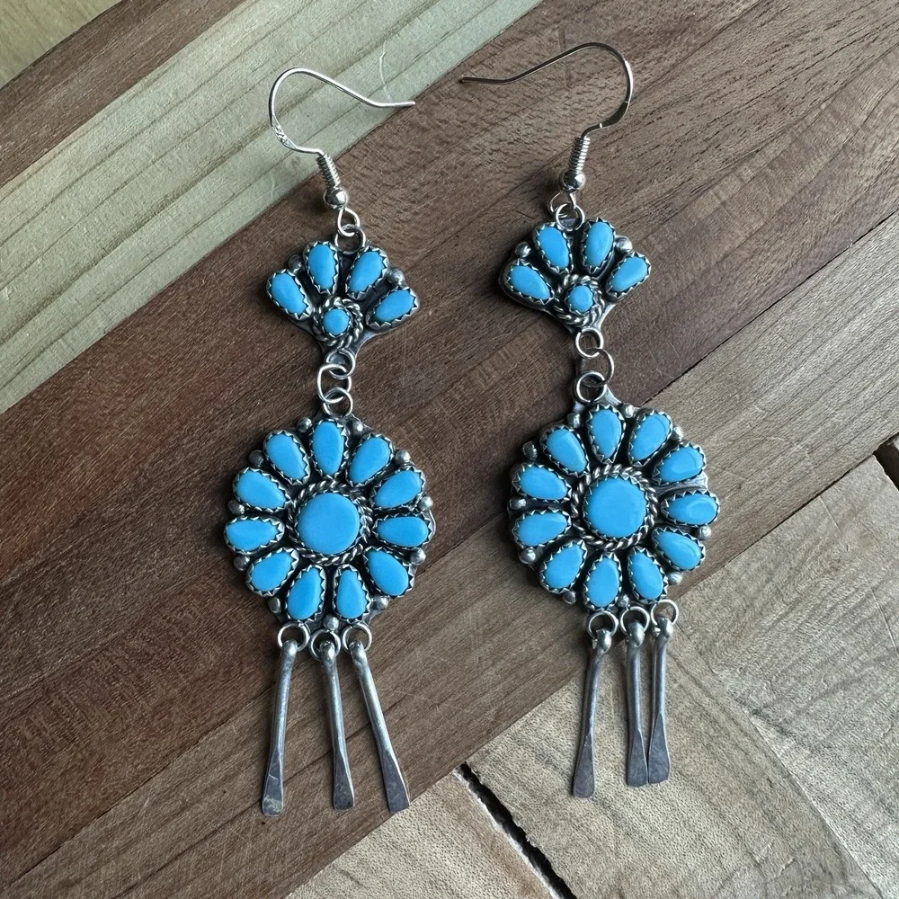 Vintage Zuni Hook Dangle Earrings 3.4 Inch Blue Turquoise 925 Sterling 12.5g